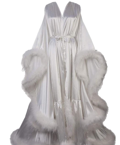 Silky Satin Feather Fringe Hem Long Robe (Victorian Style) - next day shipping selective colors