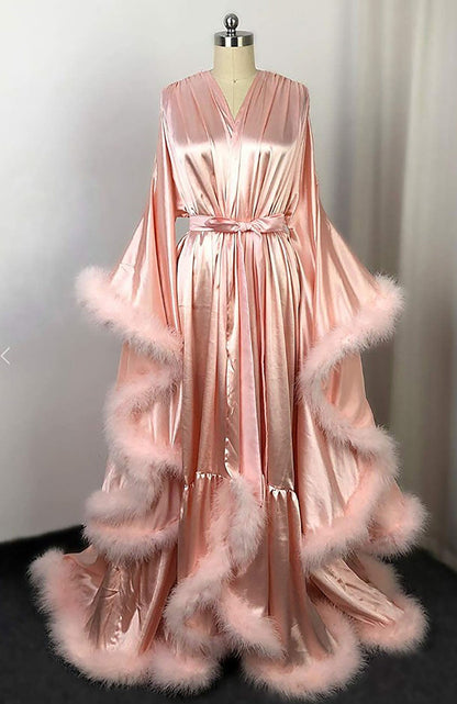 Silky Satin Feather Fringe Hem Long Robe (Victorian Style) - next day shipping selective colors
