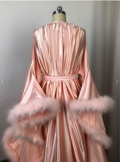 Silky Satin Feather Fringe Hem Long Robe (Victorian Style) - next day shipping selective colors