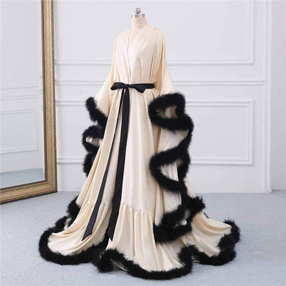 Silky Satin Feather Fringe Hem Long Robe (Victorian Style) - next day shipping selective colors