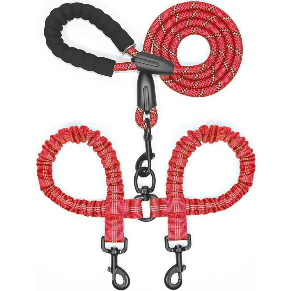 FlexiWalk™ Shock-Absorbing Double Dog Leash – Nylon, Stretchable, Anti-Winding for Comfortable Walks